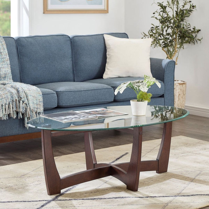 48 Inch Oval Glass Coffee Table, Cherry Round Coffee Table Center Table with Glass Top, Small Coffee Table for Living Room, Office and Apartment