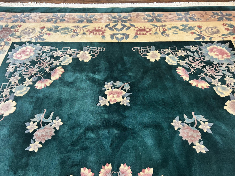 Chinese Art Deco Rug 9x12, Wool Hand Knotted Vintage Carpet, Dark Green & Cream, 90 Line Carving Rug