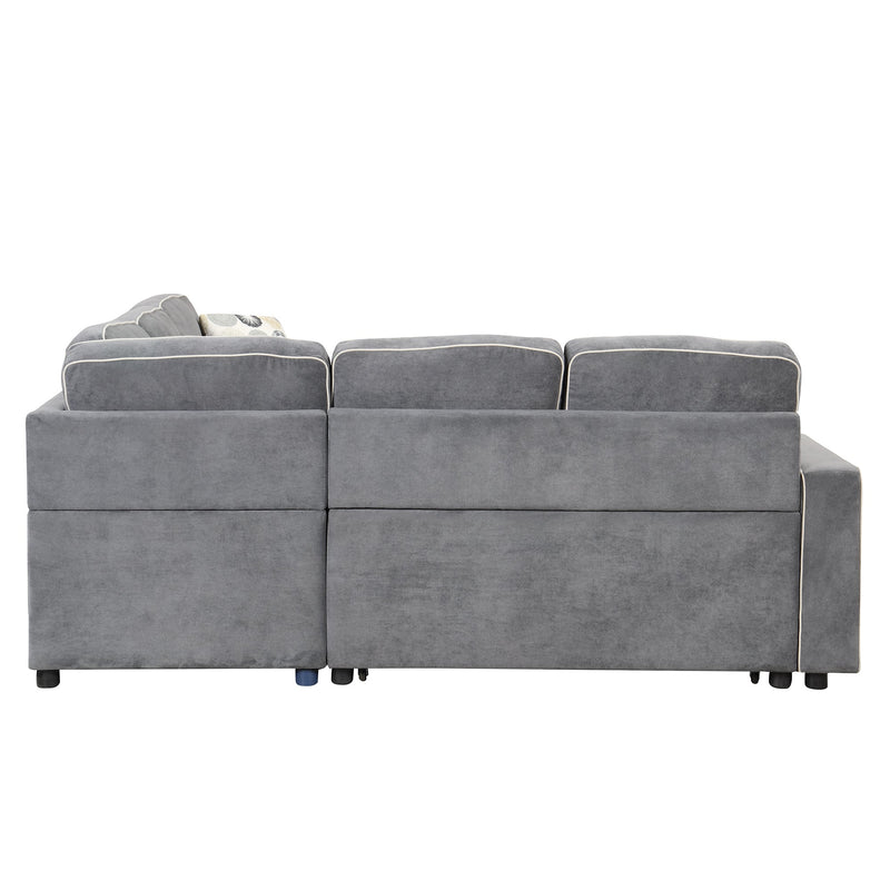 83" L-Shaped Pull Out Sofa Bed Modern Convertible Sleeper Sofa with 2 USB ports, 2 Power Sockets and 3 Pillows for Living Room, Bedroom, Office, Gray