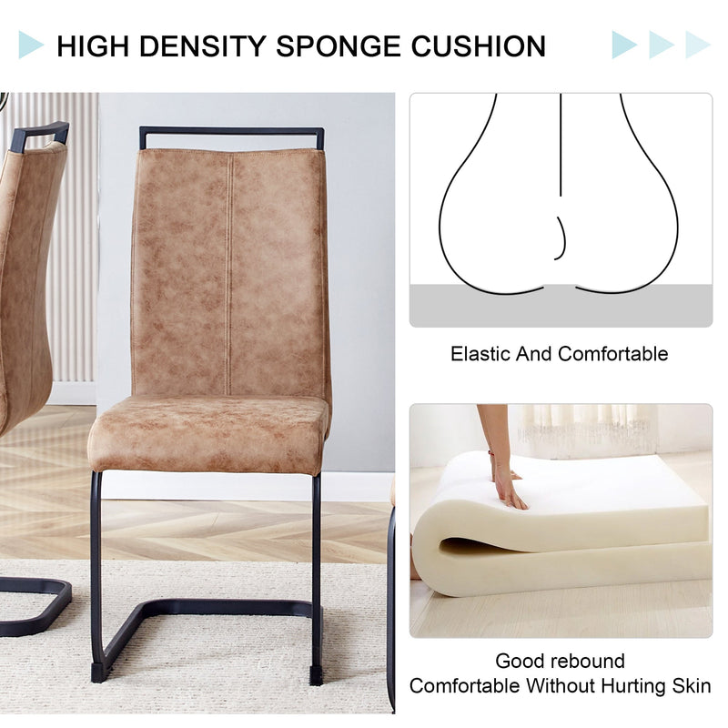 A modern and practical circular dining table. Made of MDF tabletop and wooden MDF table legs. 4-piece technology cloth high backrest cushion side chair, C-shaped tube black metal legs.