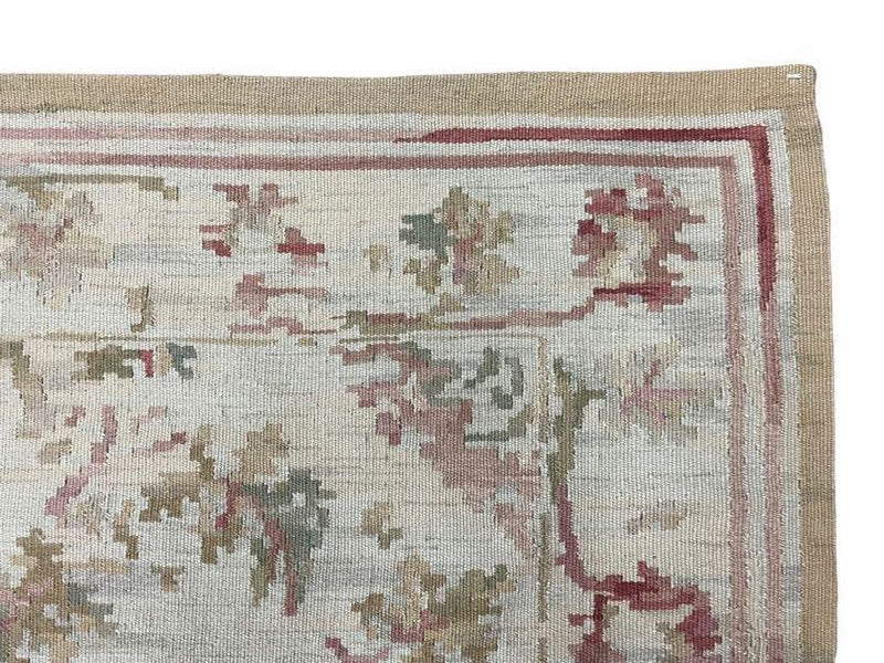 9x12 Flatweave Aubusson Needlepoint Rug, New, Beige, Tan, Green, Handmade, Hand-Knotted Area Rug, French European Carpet, Flowers