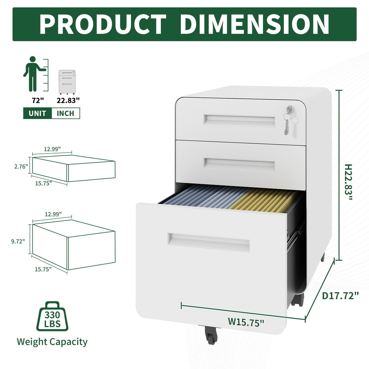 3-Drawer Mobile File Cabinet with Lock and Casters, photo 5 of 8
