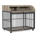 44" Heavy Duty Large Dog Crate Furniture for Large Medium Dog with Lockable Wheels, Wooden Dog Crate Dog Kennel, End Table Crate with Double layer storage, Gray