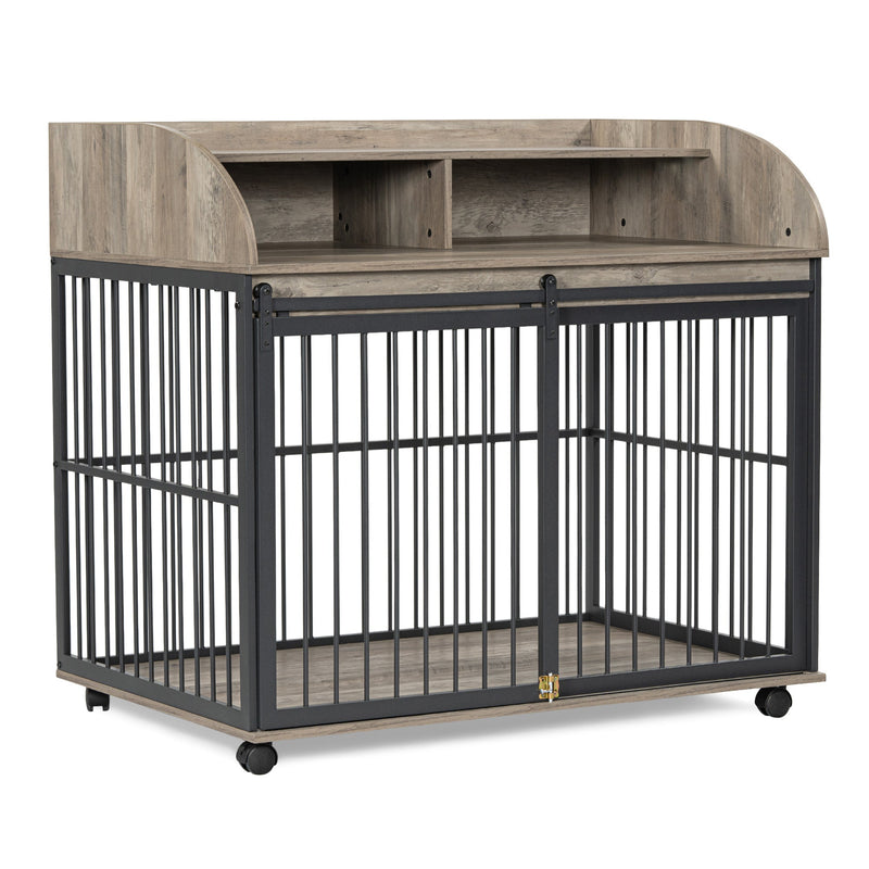 44" Heavy Duty Large Dog Crate Furniture for Large Medium Dog with Lockable Wheels, Wooden Dog Crate Dog Kennel, End Table Crate with Double layer storage, Gray