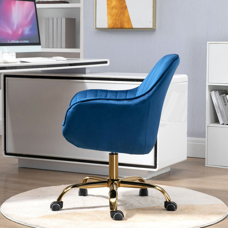 360 Dark Blue Velvet Swivel Chair With High Back, Adjustable Working Chair With Golden Color Base