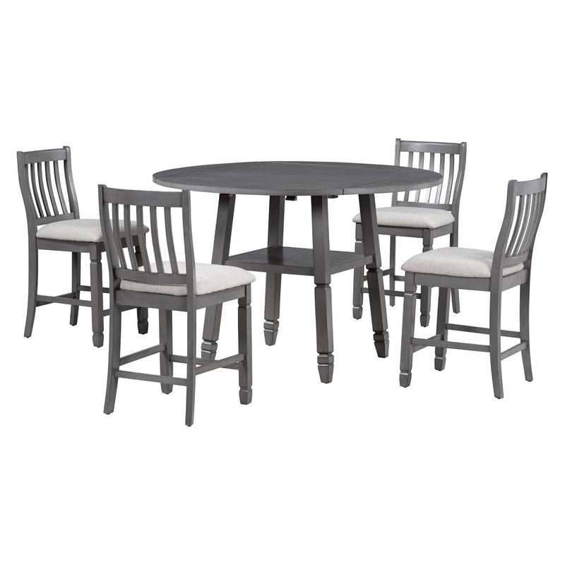 5-Piece Counter Height Dining Table Set in 2 Table Sizes with 4 Folding Leaves and 4 Upholstered Chairs for Dining Room (Gray+Beige Cushion)
