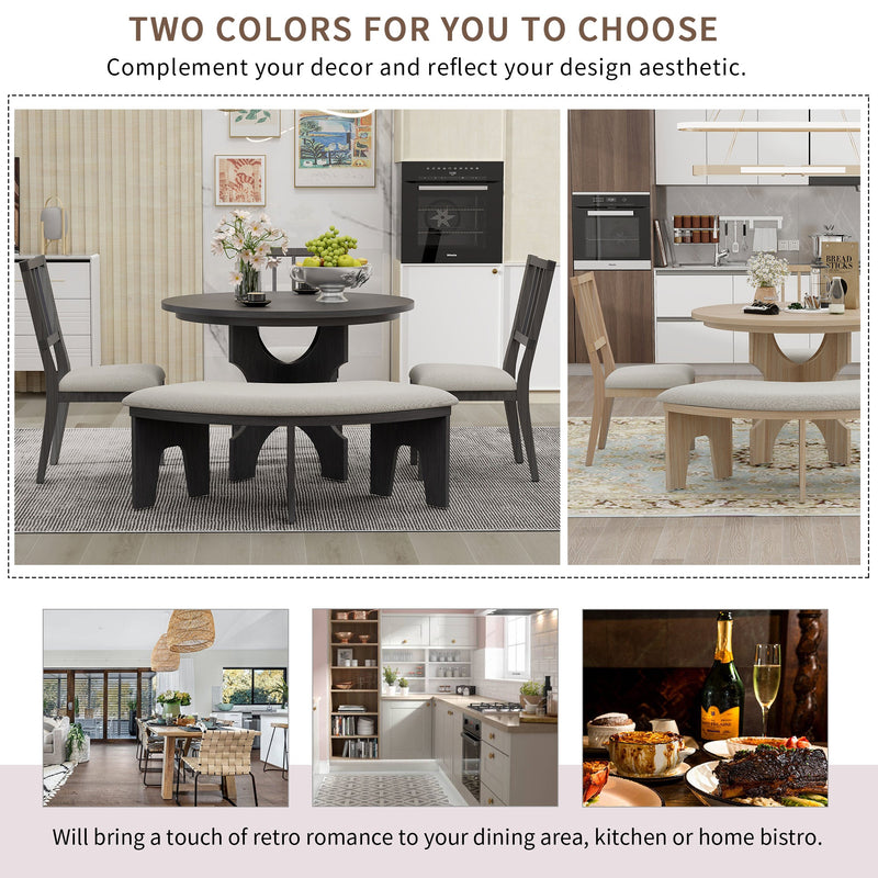 5-Piece Dining Table Set, 44" Round Dining Table with Curved Bench & Side Chairs for 4-5 People for Dining Room and Kitchen (Grey)