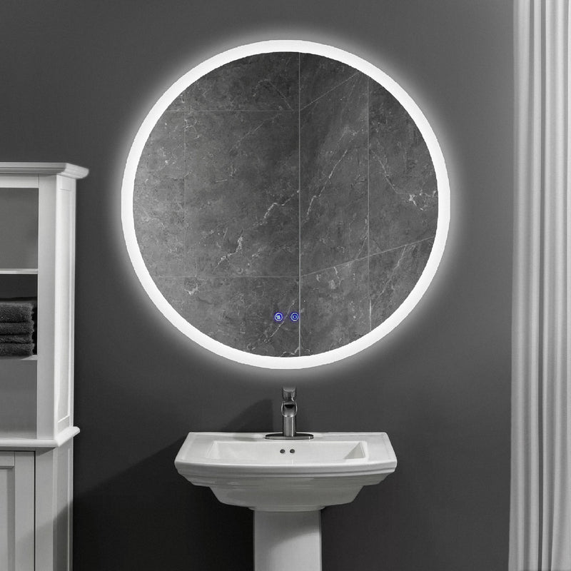 32 x 32 Inch Round Frameless LED Illuminated Bathroom Mirror, Touch Button Defogger, Metal, Silver