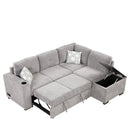 83.8" Reversible Sectional Pull-Out Sofa Bed L-Shaped Corner Sofa Couch with Storage Chaise, USB Ports, Power Sockets, Cup Holder for Living Room, Bedroom, Study,Light Gray
