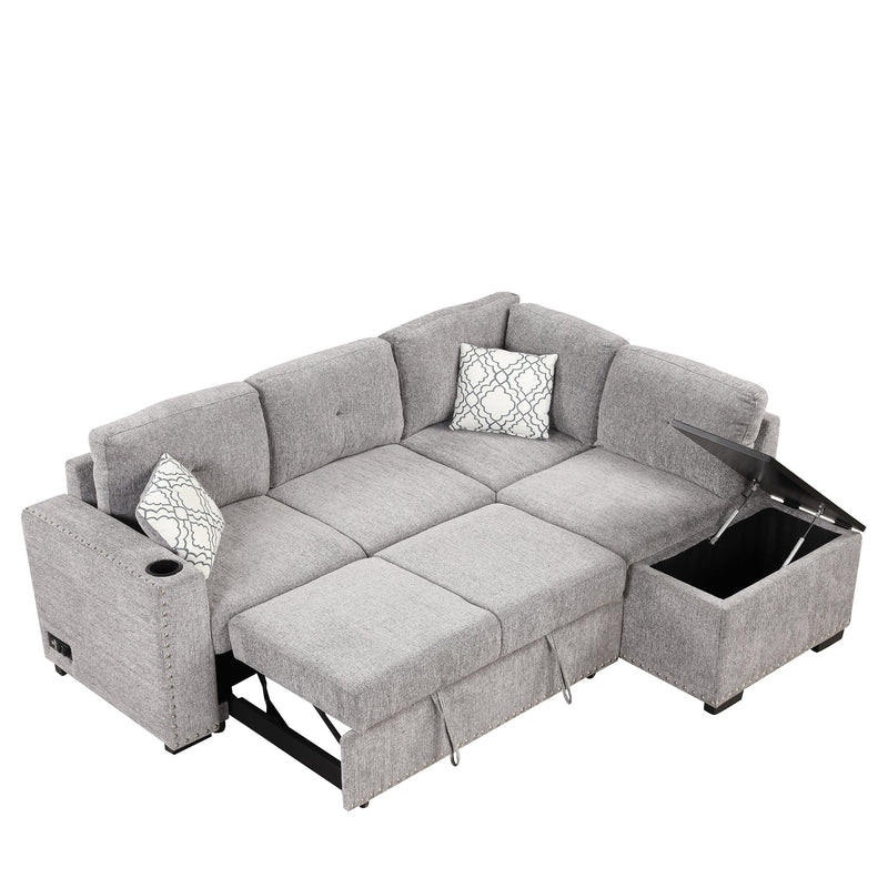 83.8" Reversible Sectional Pull-Out Sofa Bed L-Shaped Corner Sofa Couch with Storage Chaise, USB Ports, Power Sockets, Cup Holder for Living Room, Bedroom, Study,Light Gray