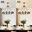 12-Light Black Wagon Wheel Chandelier, 31.5" Modern Farmhouse Glass Pendant