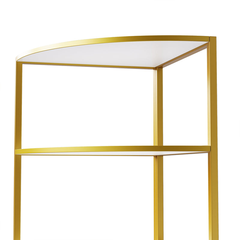 74.8" Tall Modern Corner Bookshelf,Fan-Shaped bookcase with 1 Drawer and 2 Doors, Wooden Standing Corner Shelf with Gold Metal Frame for Living Room,Home Office,White