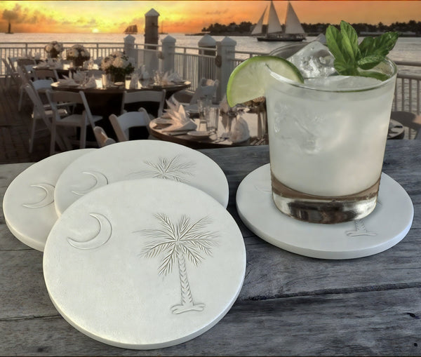 Palmetto And Moon Drink Coasters, installed in a room
