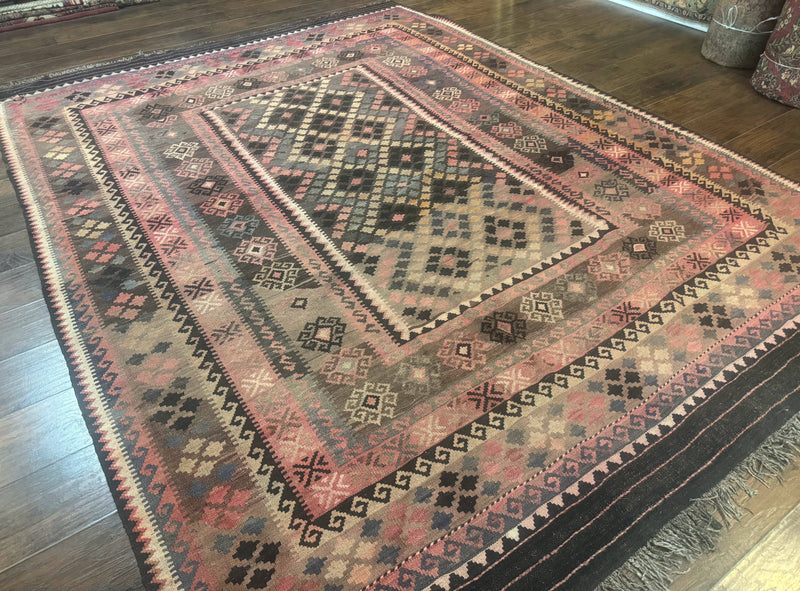 Persian Kurdish Kilim Rug 8x10, Large Flatweave Tribal Bohemian Rug, Vintage Zarand Kilim