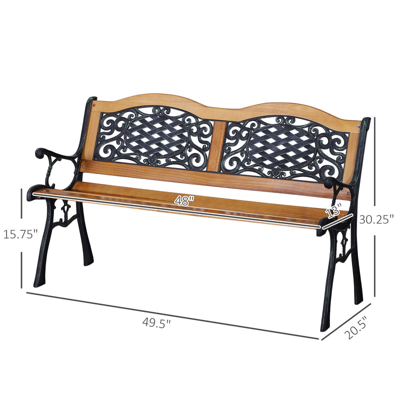 50" Outdoor Garden Bench, Patio Bench with Wood Seat, Porch Bench with Antique-Like Flourishes for Backyard, Deck, Lawn, Outside Pool, Teak