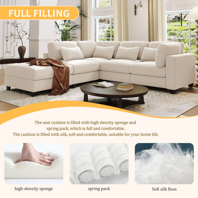 5 Pieces L shaped Sofa with Removable Ottomans and comfortable waist pillows