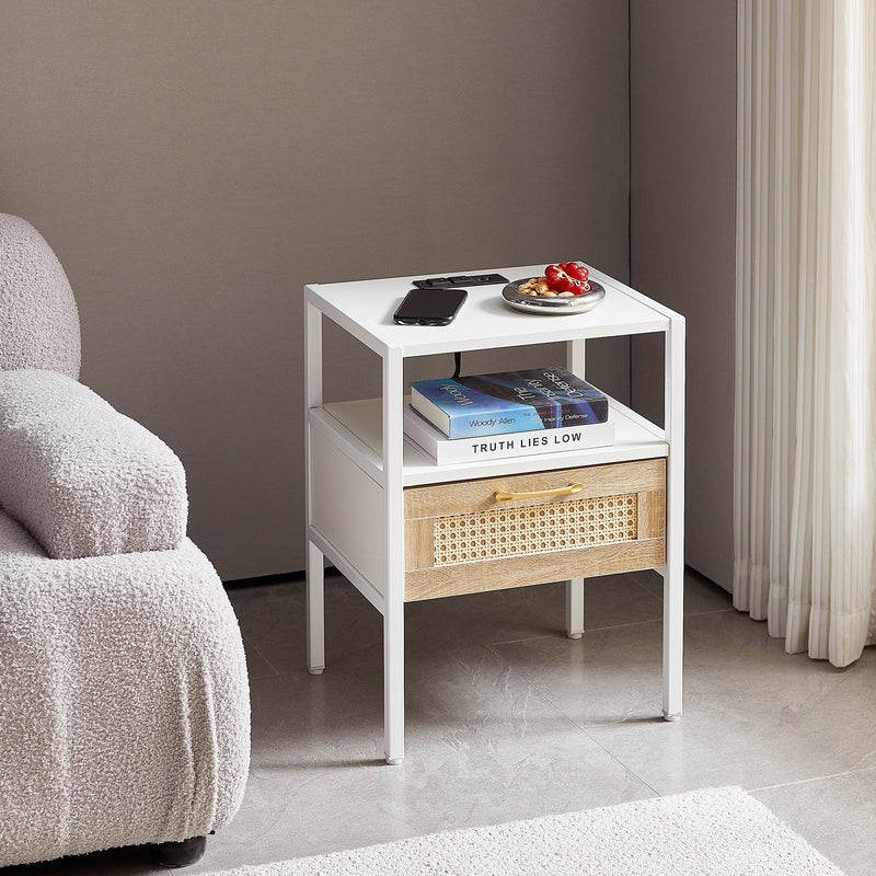 15.75" Rattan End table with Power Outlet & USB Ports, Modern nightstand with drawer and metal legs, side table for living room, bedroom,white(1 PC)