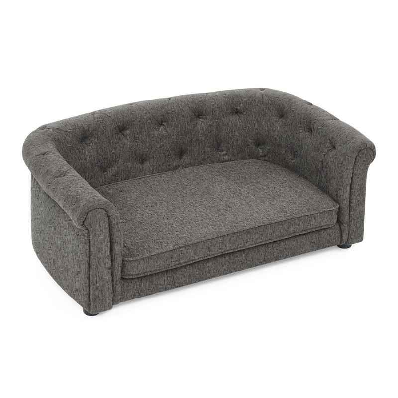 Contemporary Dark Grey Pet Sofa with Arc-Shaped Backrest and Armrests, Breathable Linen and Cozy Soft Cushion for Dogs