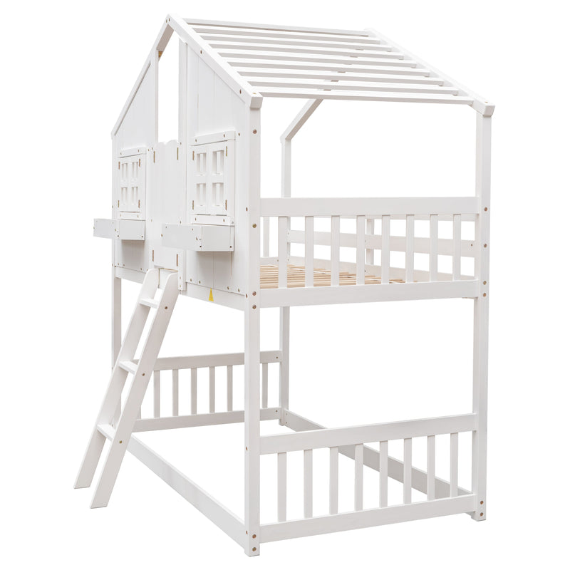 Twin over Twin House Bunk Bed with Roof, Window, Window Box, Door, with Safety Guardrails and Ladder, White