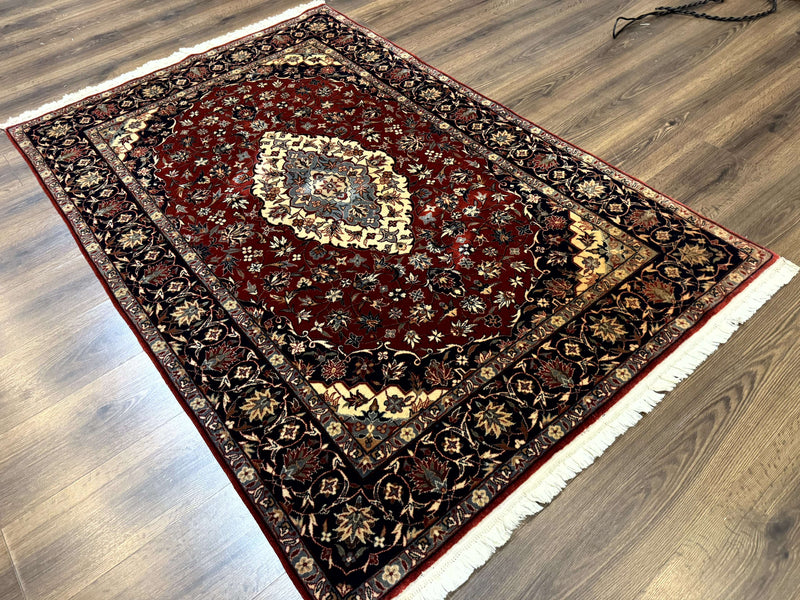 Sino Persian Rug 4x6, Traditional Wool Hand Knotted Carpet, Red Navy Blue, 225 KPSI