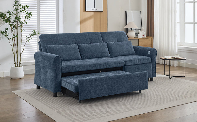 2-in-1 Sofa 82' Three-seater Sofa with Sofa Bed and Reversible Recliner, Blue Chenille
