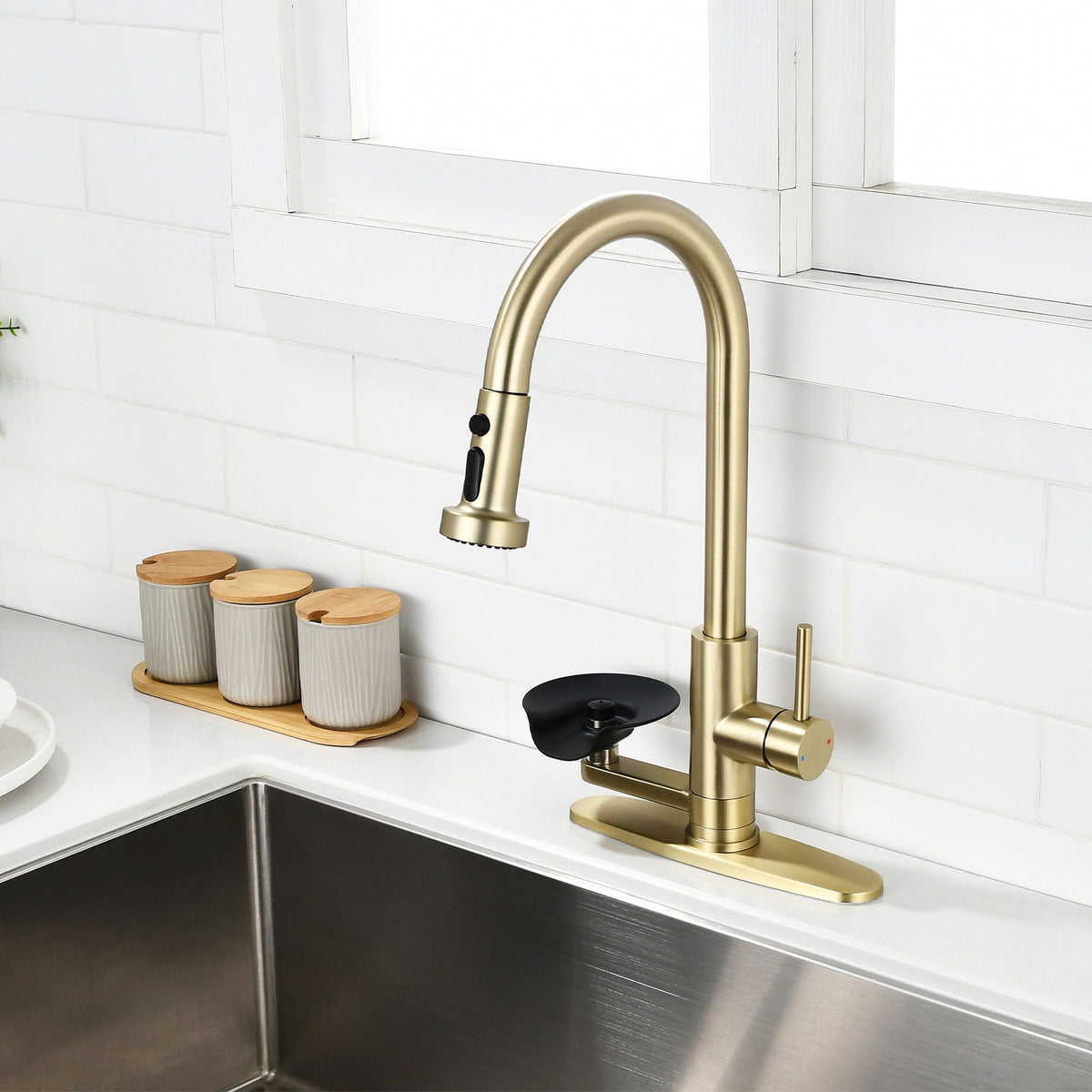 3 In 1 Kitchen Faucet With Press Type Glass Rinser, High Arc Pull Down Sprayer, photo 10 of 28