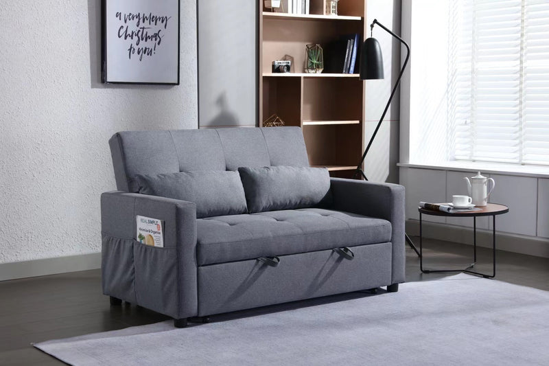 2 Seaters Slepper Sofa Bed.Dark Grey Linen Fabric 3-in-1 Convertible Sleeper Loveseat with Side Pocket.