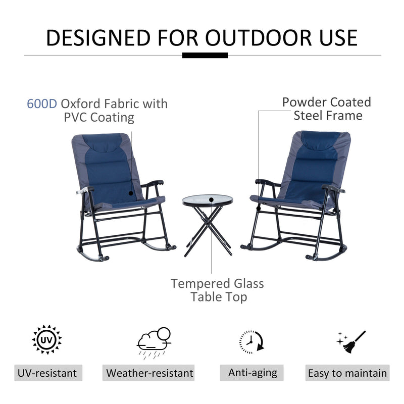 3 Piece Outdoor Patio Furniture Set with Glass Coffee Table & 2 Folding Padded Rocking Chairs, Bistro Style for Porch, Camping, Balcony, Navy Blue