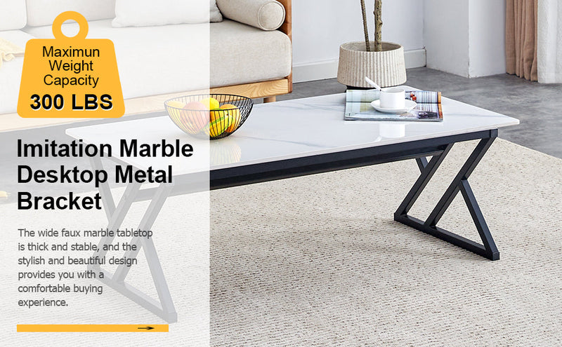 A modern minimalist style white marble patterned coffee table with black metal legs. Computer desk. Game table. Tea table. CT-XX
