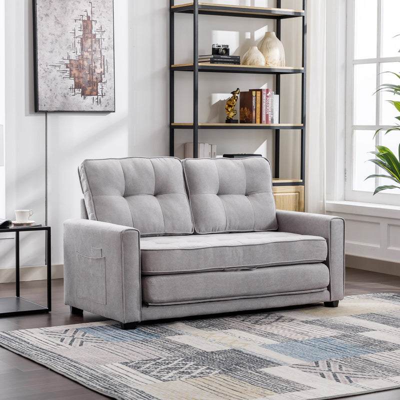 59.4" Loveseat Sofa with Pull-Out Bed Modern Upholstered Couch with Side Pocket for Living Room Office, Grey