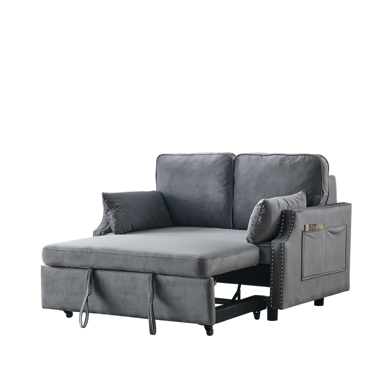 50" Velvet Upholstered Sleeper Sofa bed with Side Storage Pockets, Nailhead Design, 2-Seater Sofa with 2 Pillows and removeable Backrest Pull-out Sofa Bed for Small Spaces in Living Rooms