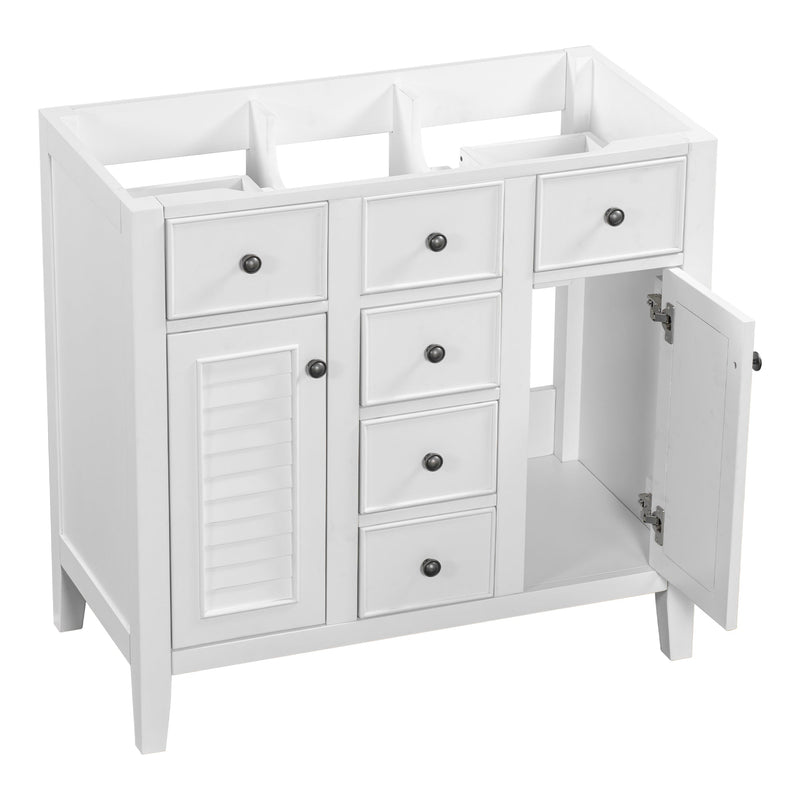36" Bathroom Vanity without Sink, Cabinet Base Only, Two Cabinets and Five Drawers, Solid Wood Frame, White