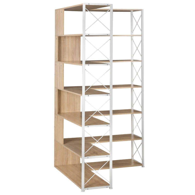 7-Tier Bookcase Home Office Bookshelf, L-Shaped Corner Bookcase with Metal Frame, Industrial Style Shelf with Open Storage, MDF Board