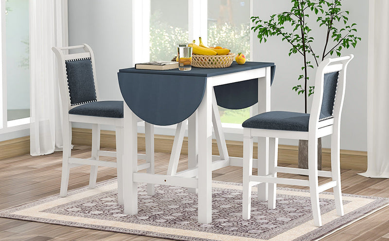 3-Piece Wood Counter Height Drop Leaf Dining Table Set with 2 Upholstered Dining Chairs for Small Place, White+Gray