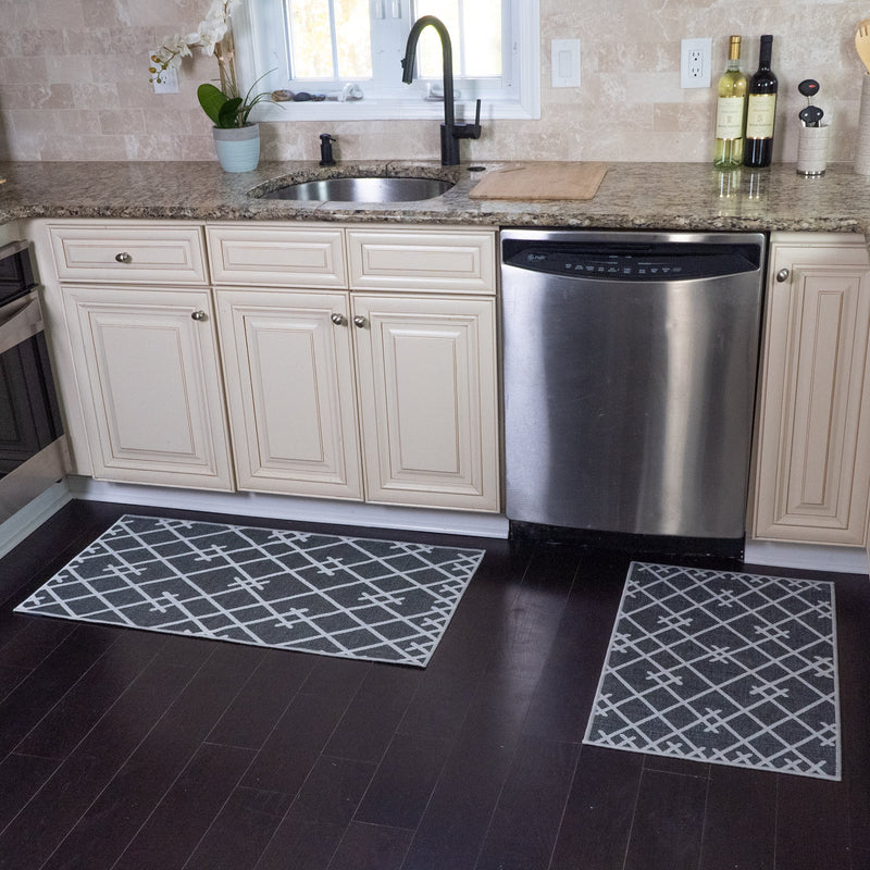 Geometric Design Non Skid Washable Kitchen Runner Rugs Set of 2| 44 x 24 and 31.5 x 20 Inches Floor Mats |Gray