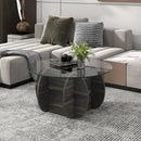 35" Round Coffee Table Unique Circle Center Table with Tempered Glass Top and Solid Wood Base-Black by LJGDeals