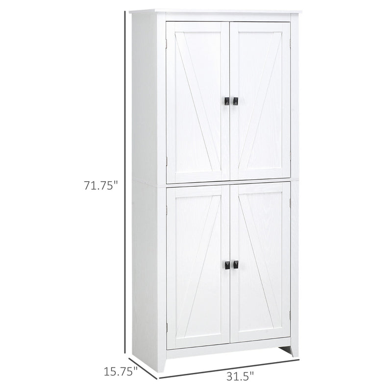 72" Freestanding 4-Door Kitchen Pantry, Storage Cabinet Organizer with 4-Tiers, and Adjustable Shelves, White