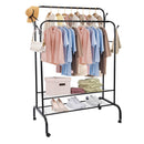 Garment Hanging Rack Clothing Hanging Rail Pillow Shoe Display Organizer Clothes Organizer Stand with 2 Rails 2 Shelves 4 Rolling Wheels 4 Hooks