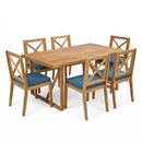 7 Pieces Acacia Wood Outdoor Dining Set with Blue Cushions
