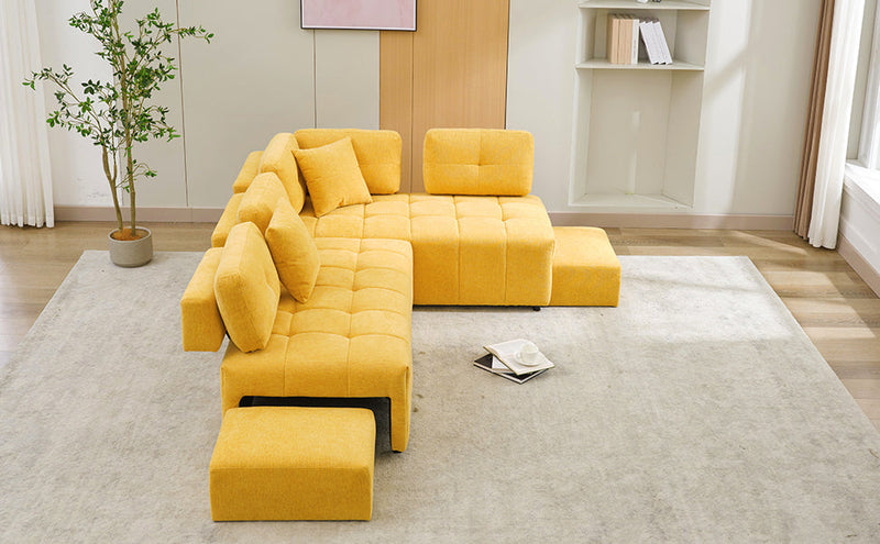 91.73" L-shaped Sofa Sectional Sofa Couch with 2 Stools and 2 Lumbar Pillows for Living Room, Yellow