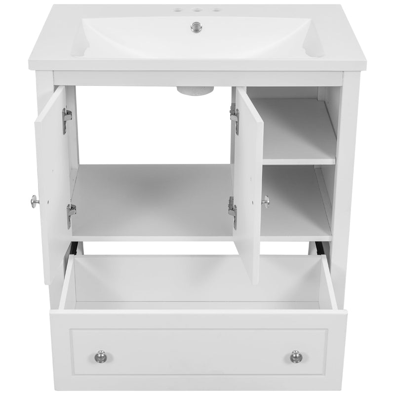 30" Bathroom Vanity with Sink, Bathroom Storage Cabinet with Doors and Drawers, Solid Wood Frame, Ceramic Sink, White