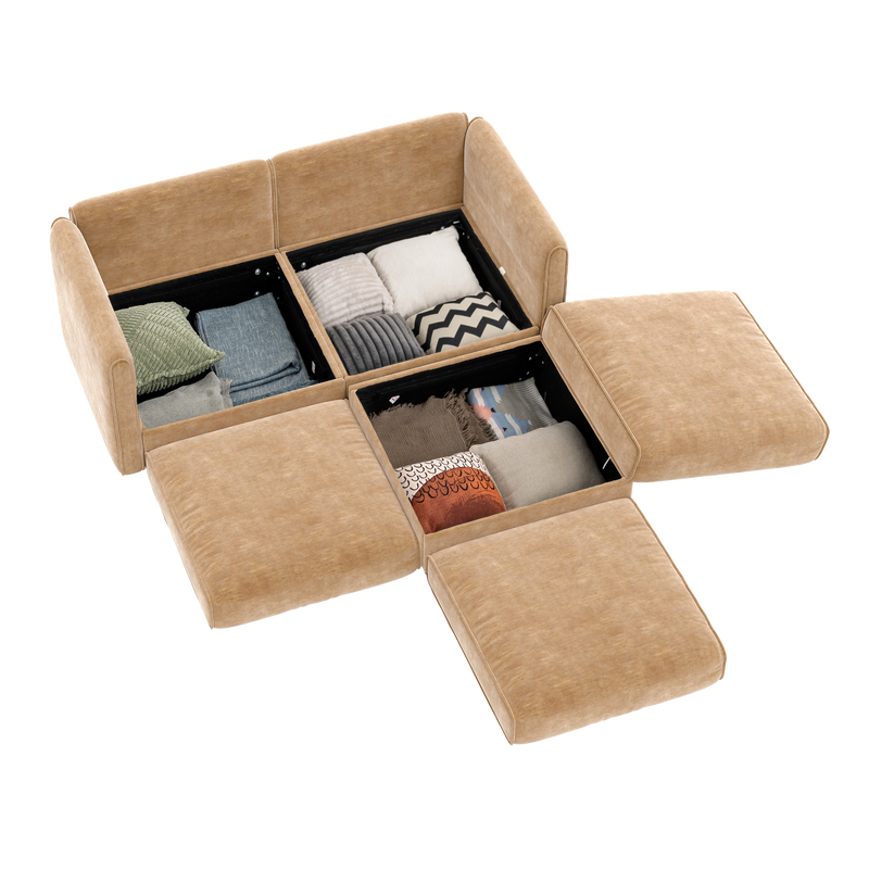 Modern Stylish Camel Chenille 2-Seater Sofa with Ottoman Storage and Cylindrical Backrest