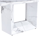 A simple dining table. A dining table with a white marble pattern. 4 PU synthetic leather high backrest cushioned side chairs with C-shaped silver metal legs. DT-SQ-16090-wh