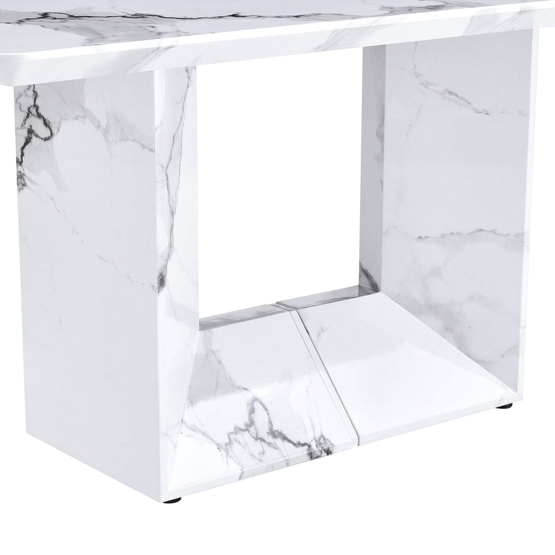 A simple dining table. A dining table with a white marble pattern. 4 PU synthetic leather high backrest cushioned side chairs with C-shaped silver metal legs. DT-SQ-16090-wh