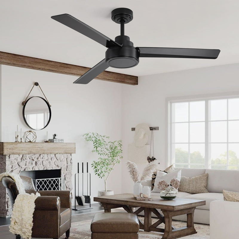 52" Outdoor Ceiling Fan Without Light with Remote Control, 3 ABS Blades Farmhouse Ceiling Fan 6-speed Reversible DC Motor Black for Living Room, Bedroom, Kitchen