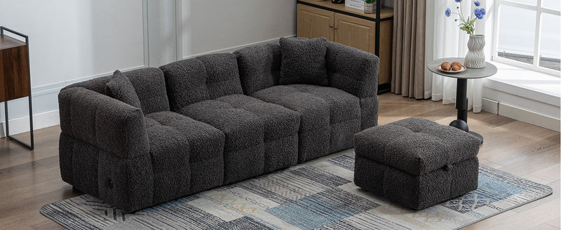 87.7" Sectional Sofa Cozy Teddy Fleece Fabric Sectional Sofa Couch with Two USB Ports a Movable Storage Ottoman and Two Lumbar Pillows for Living Room, Gray