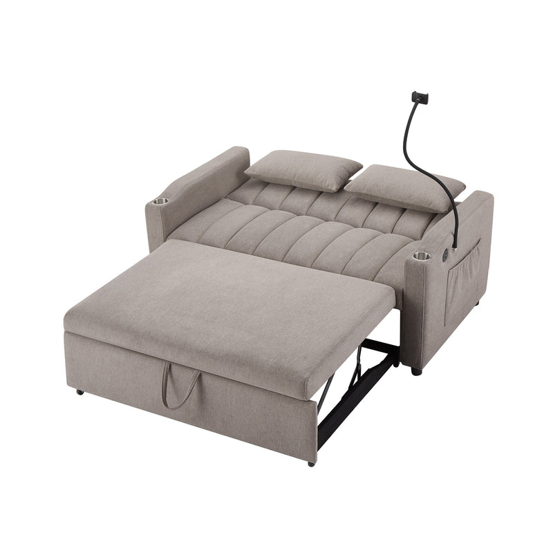 55.9" Convertible Sofa Bed Loveseat Sofa with Three USB Ports, Two Side Pockets, Two Cup Holders and 360Swivel Phone Holder for Living Room, Light Grey