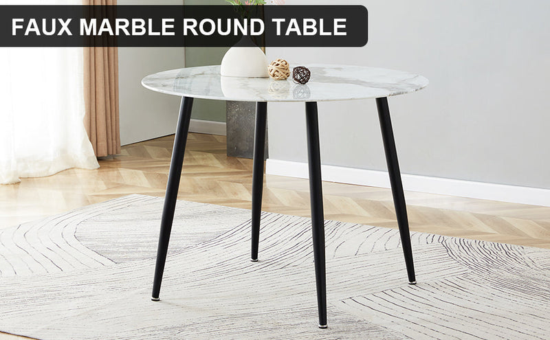 A modern minimalist circular dining table with a diameter of 40 inches, a 0.3 inch thick imitation marble pattern tabletop and black metal legs 40 'x 40' x 30 'DT-1164