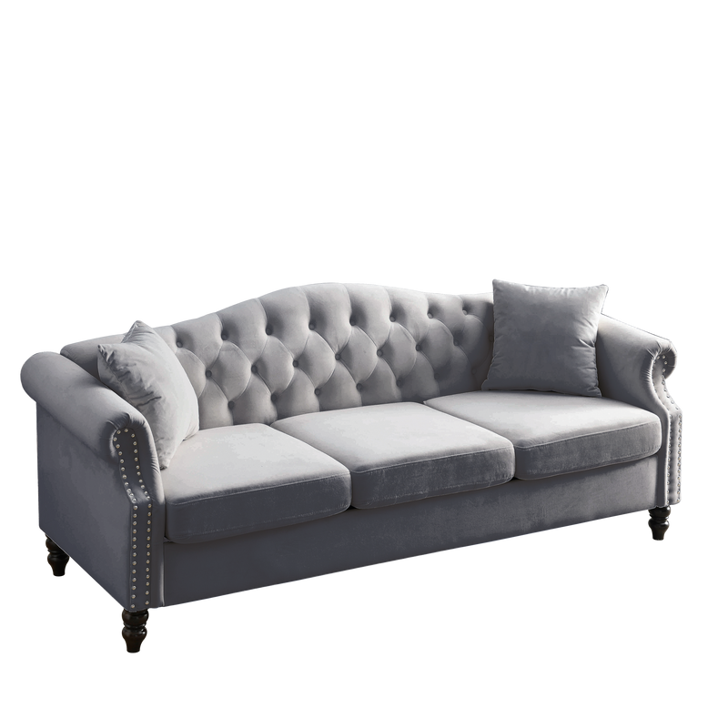 79" Chesterfield Sofa Grey Velvet for Living Room, 3 Seater Sofa Tufted Couch with Rolled Arms and Nailhead for Living Room, Bedroom, Office, Apartment, two pillows