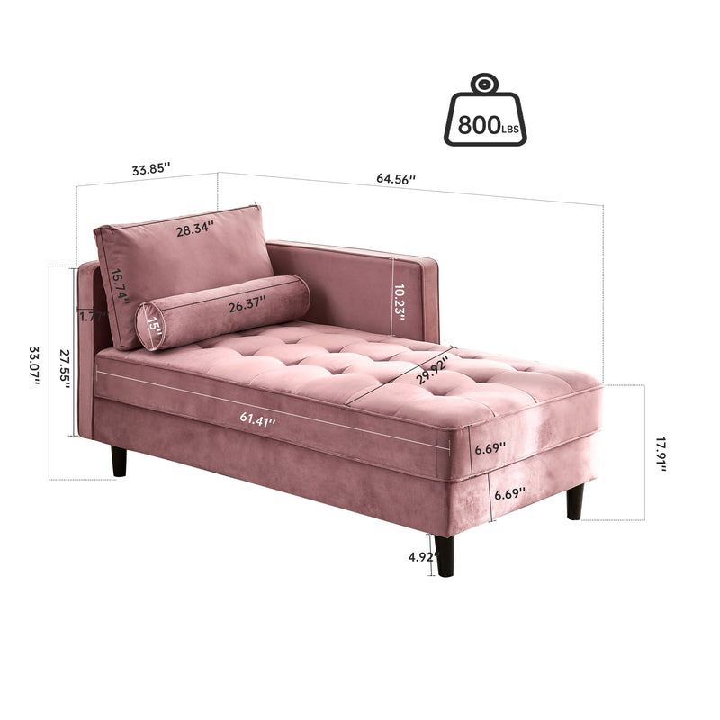64" Velvet Chaise, Mid-Century Modern Chaise Furniture, Sleeper for Living Room, Apartment, Tool-Free Assembly. (Pink)